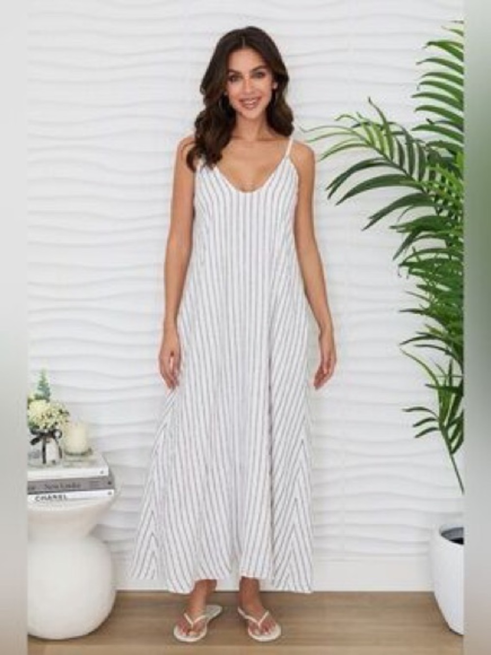 Milio Milano Striped White & Light Gray V-Neck Maxi Dress 100% Italian Linen